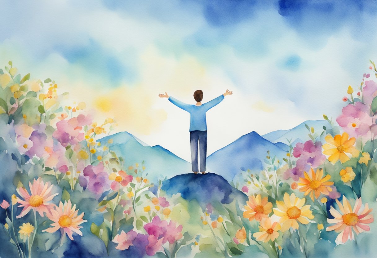 A digital watercolor of a person standing on top of a hill looking out over the valley.