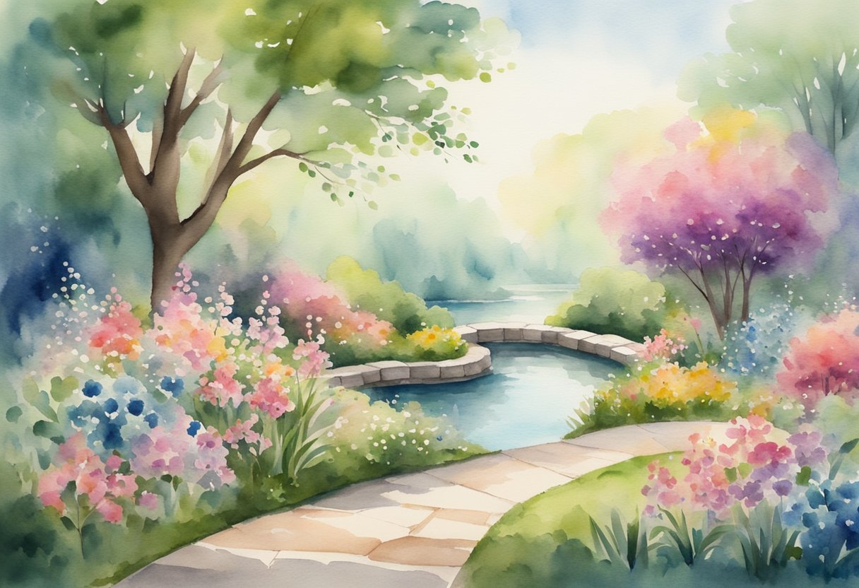 A digital watercolor of a a flower garden with multiple ponds