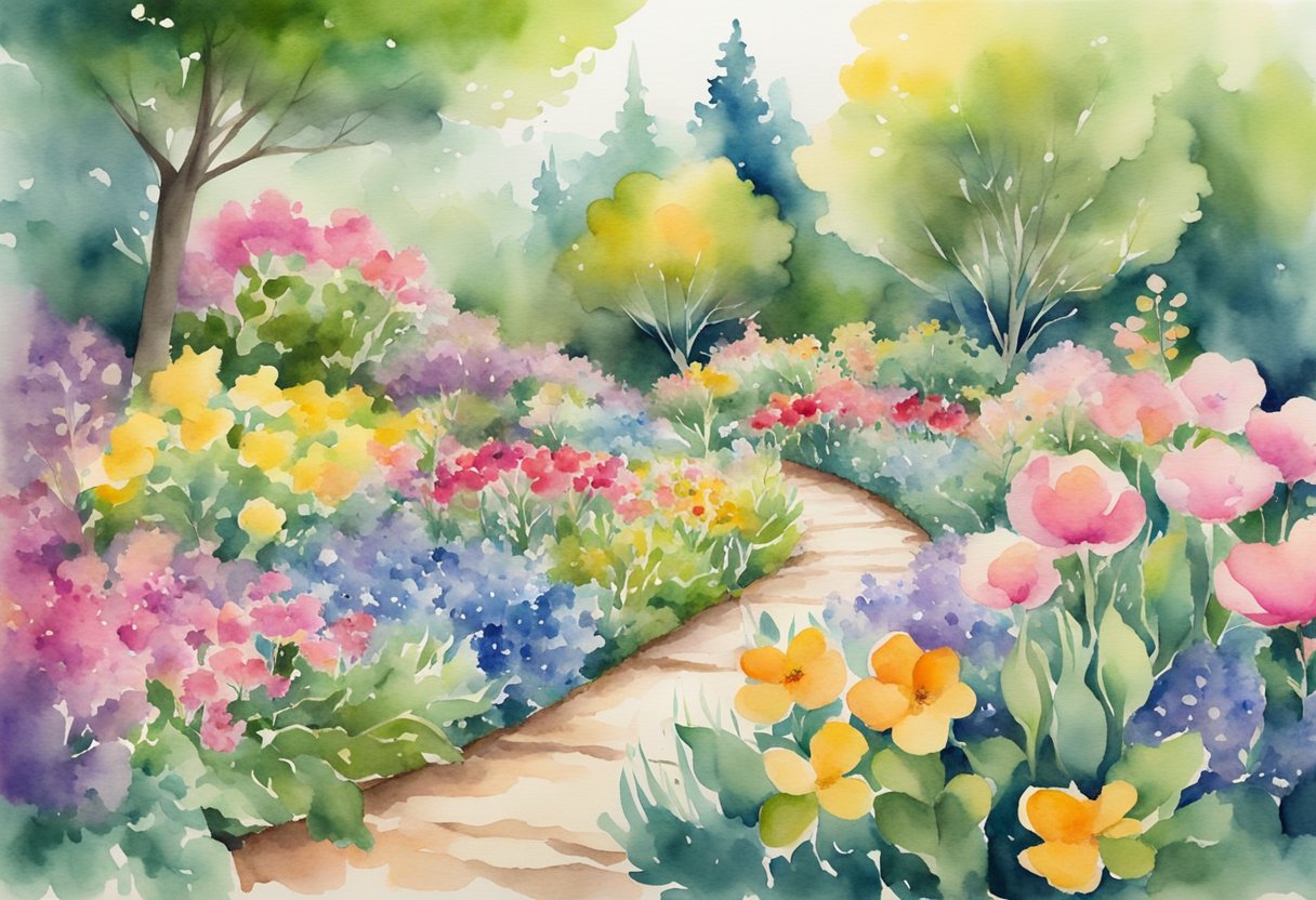 A digital watercolor of a a flower garden