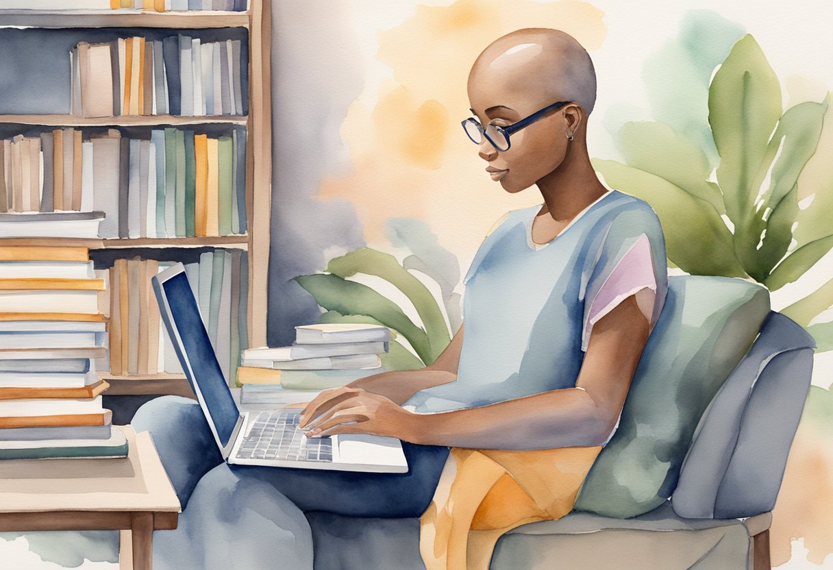 A digital watercolor of a cancer thriver working on hey laptop