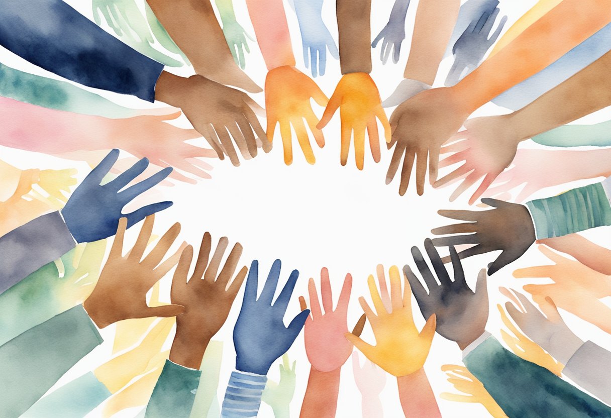 A digital watercolor of a circle of colorful hands