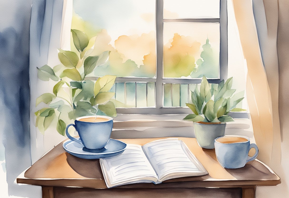 a digital watercolor of a table with tea and book in front of a window