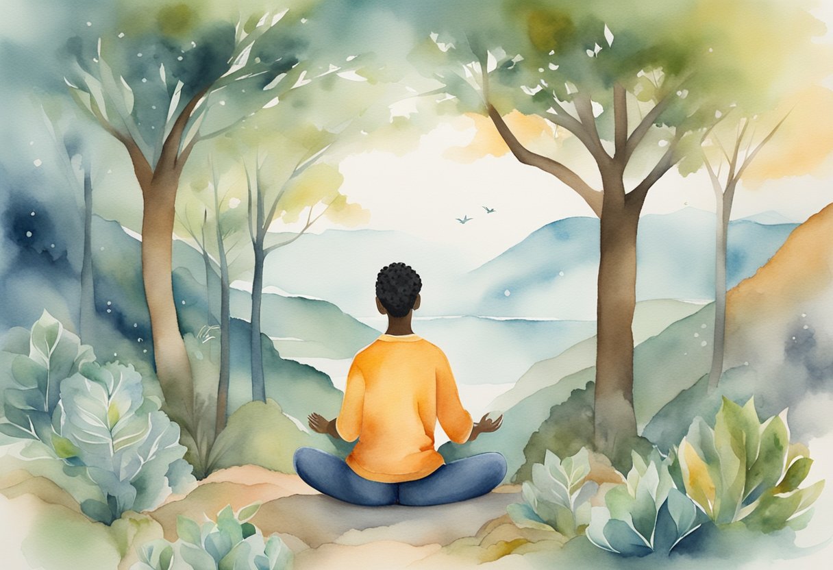 a digital watercolor of a man practicing reflective meditation with a view