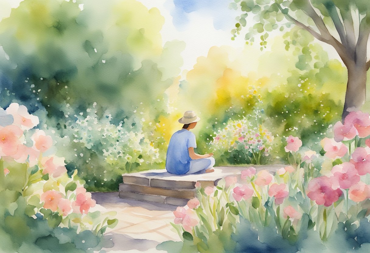 a digital watercolor of a person practicing meditation in a flower garden