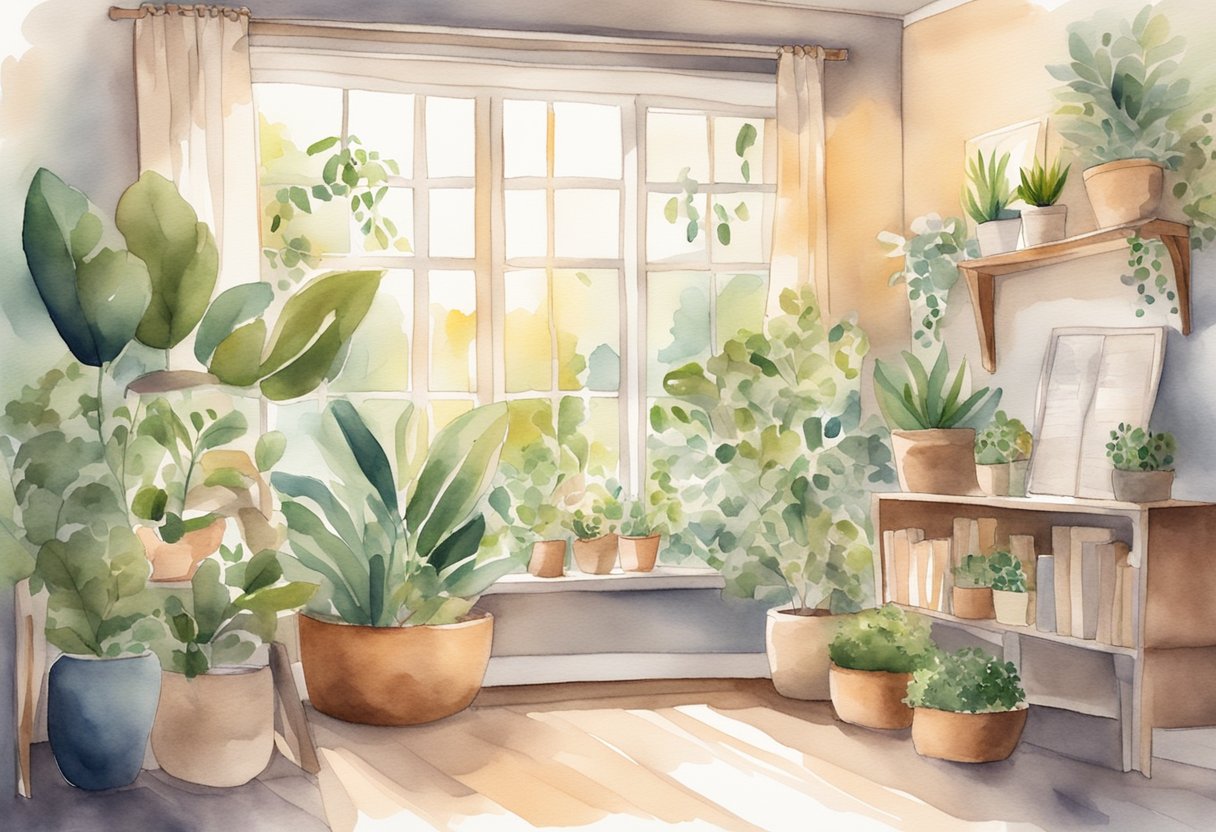 a digital watercolor of plants in a sun room