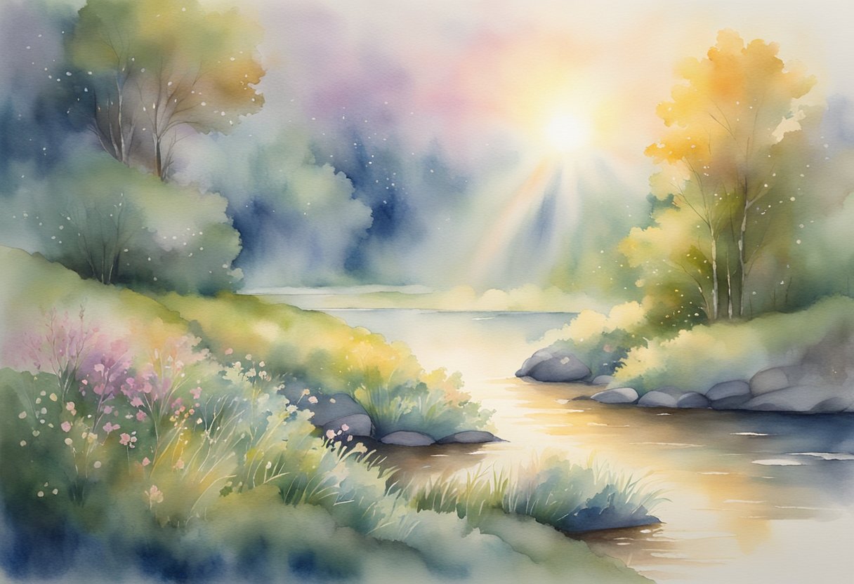 a digital watercolor of sunrise over a lake