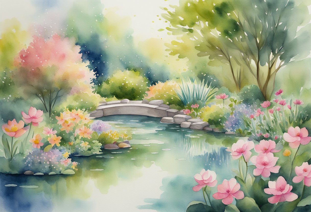 a digital watercolor of a garden with bridge