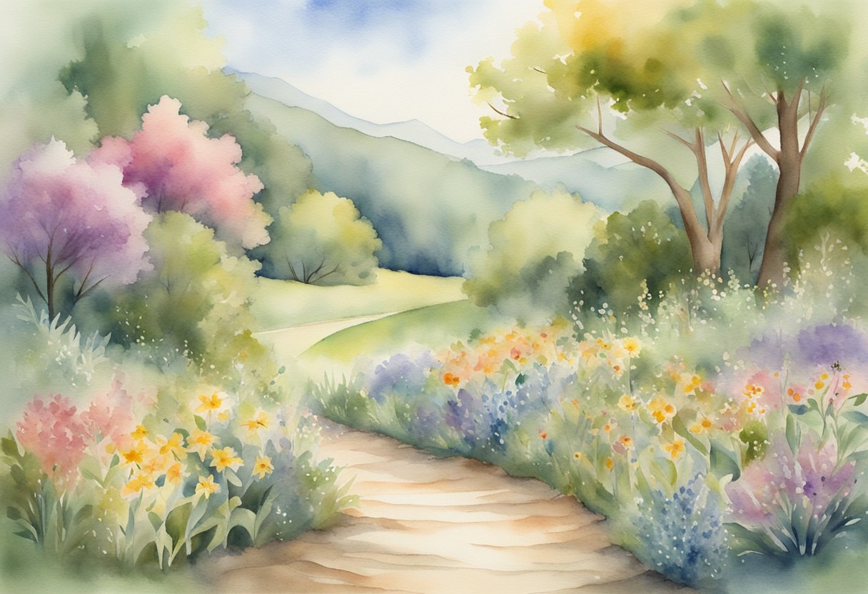 a digital watercolor of wildflowers along side a pathway