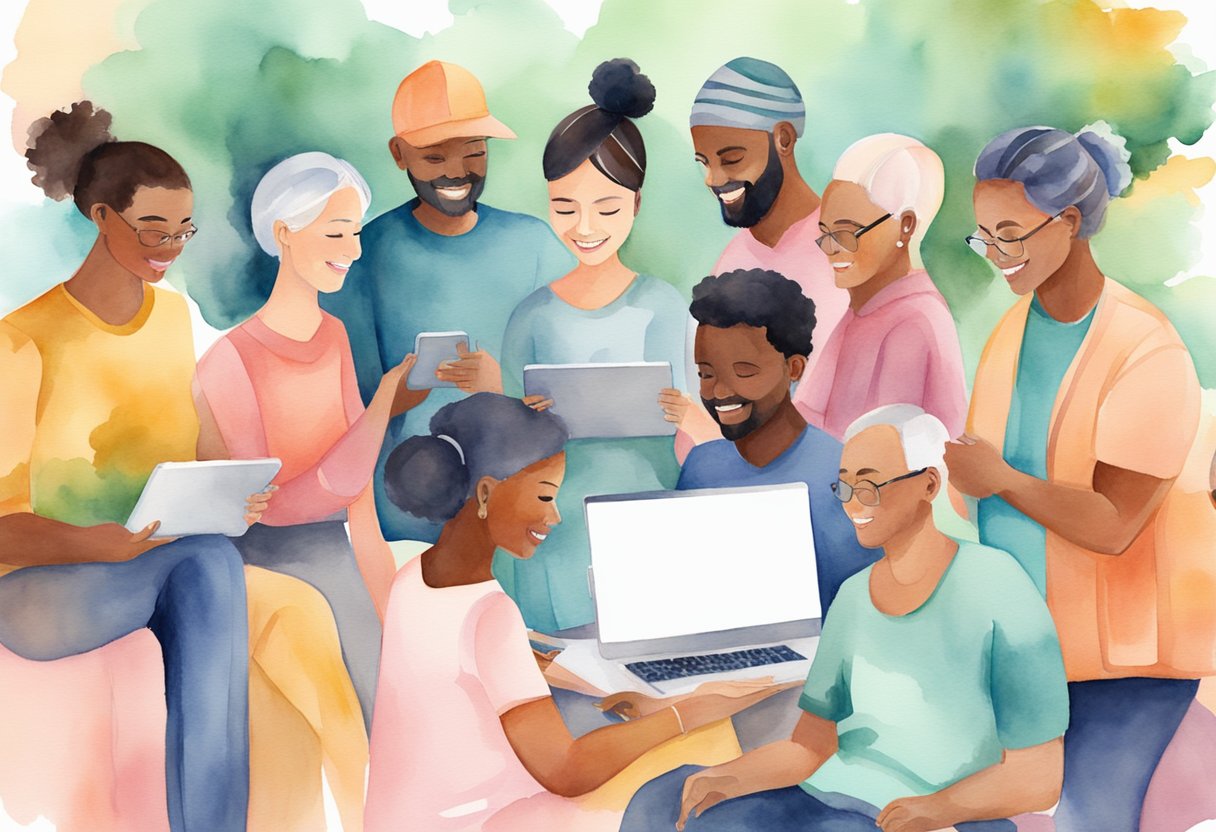 A digital watercolor of people meeting on their devices