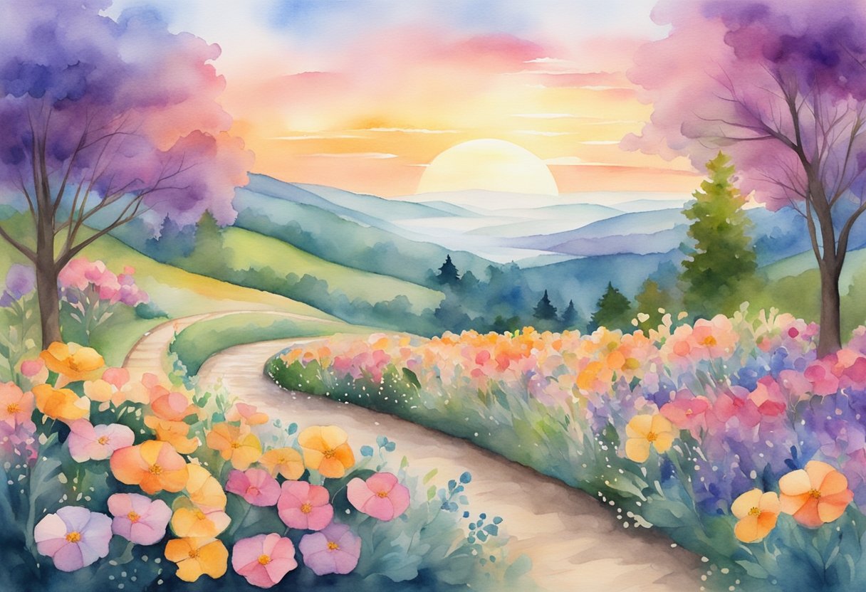 a digital watercolor of a sunset over wildflowers