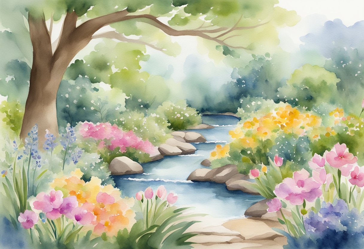 A digital watercolor of a flowing stream by a tree