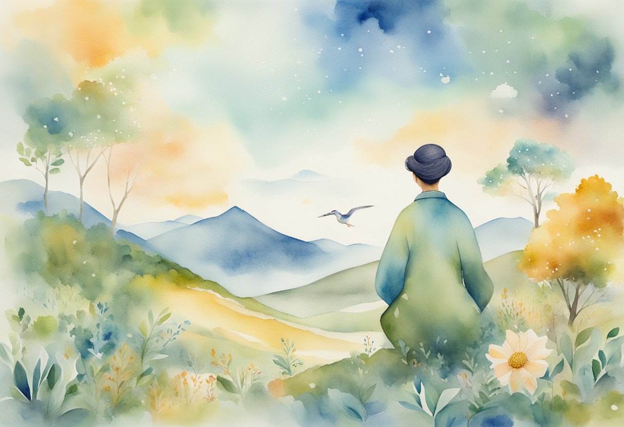 A digital watercolor of a woman sitting on a hill overlooking the view