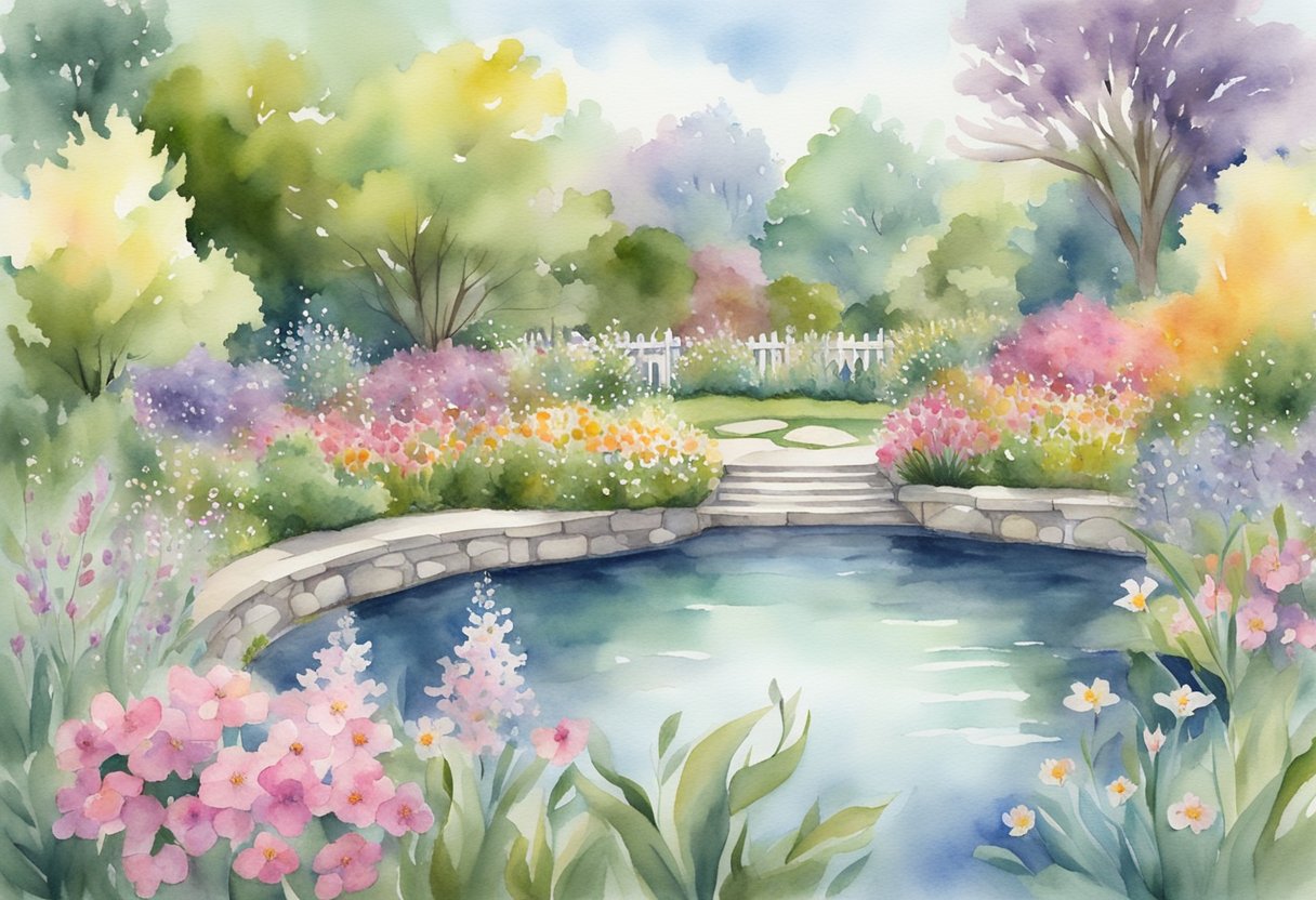 A digital watercolor of a backyoard garden with a pond
