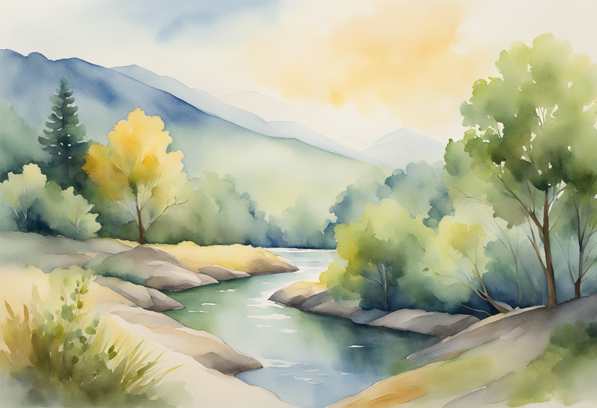 A digital watercolor of a lake and mountains