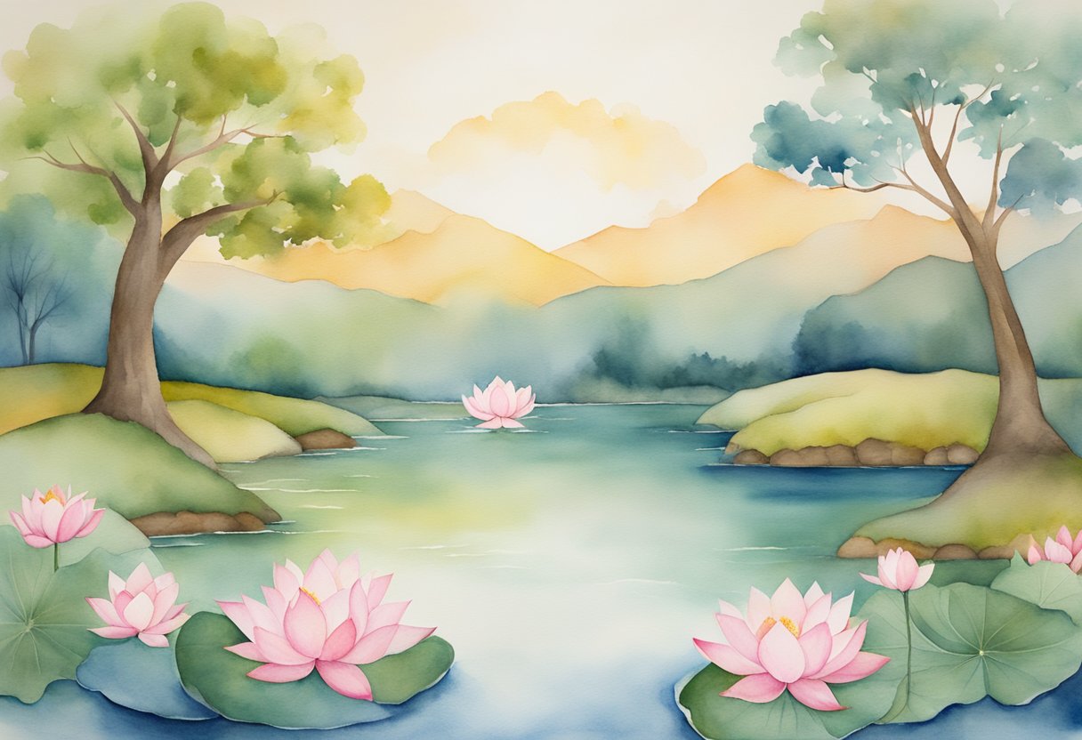 A digital watercolor of a pond with lilly pads and flowers