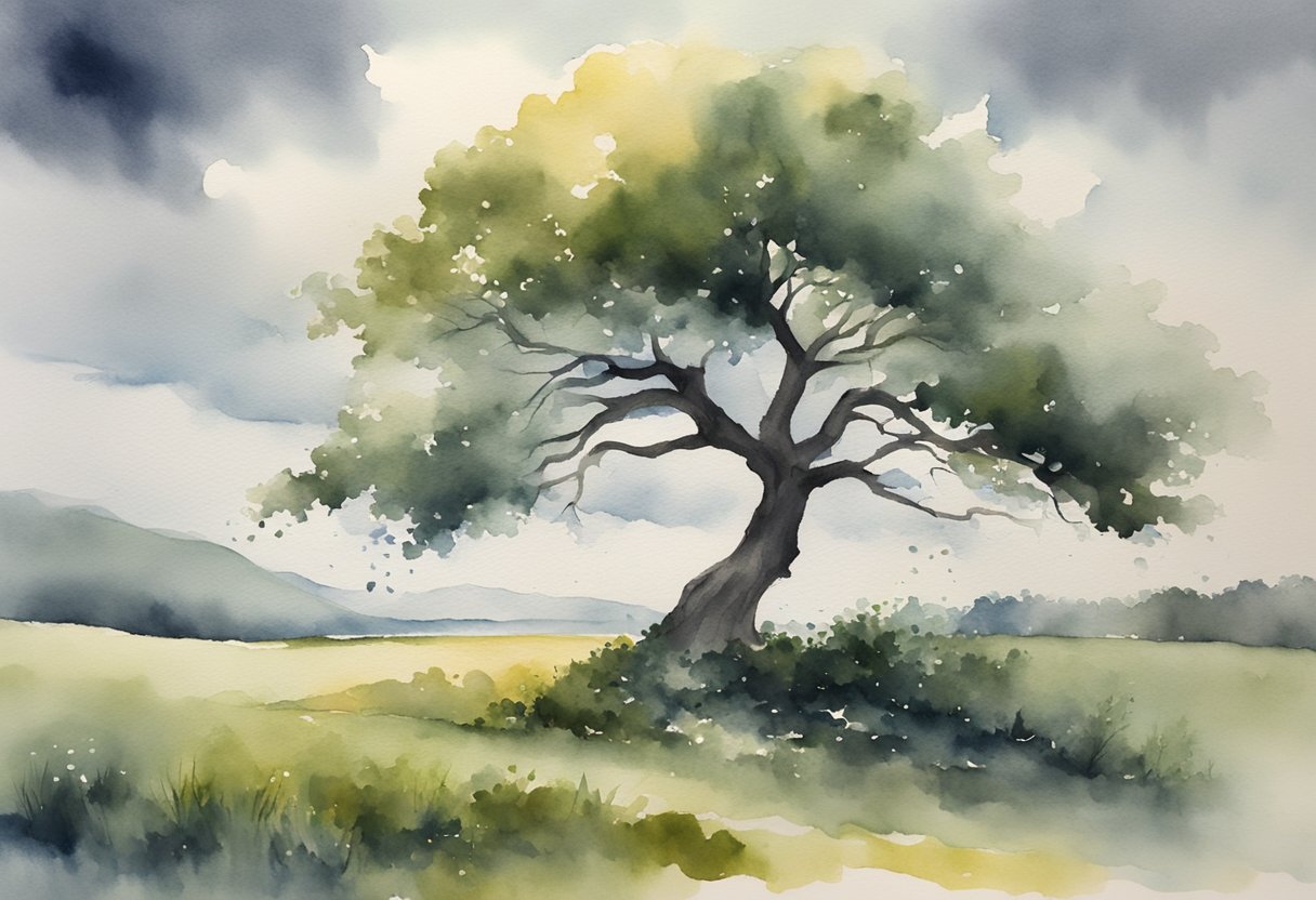 A digital watercolor of a tree in a field