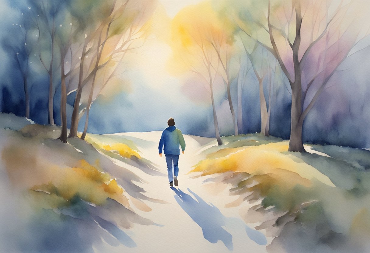 A digital watercolor of man walking through forest