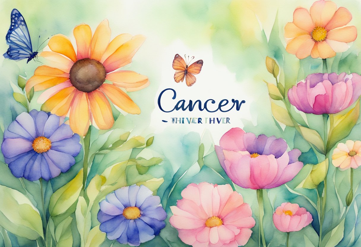 A digital watercolor of butterflies and flowers with the words cancer thriver