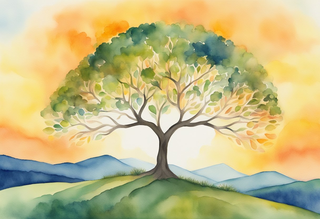 A digital watercolor of tree in sunset