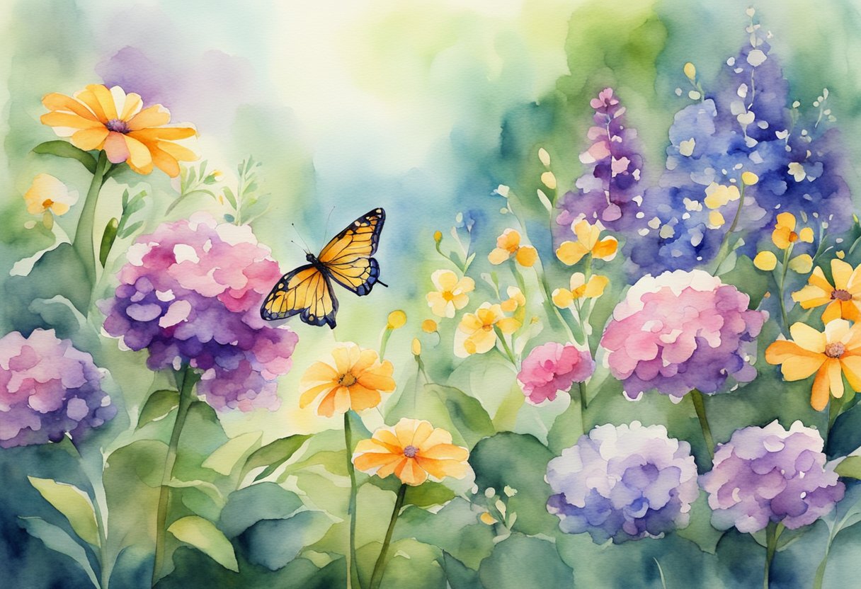 A digital watercolor of butterflies and flowers