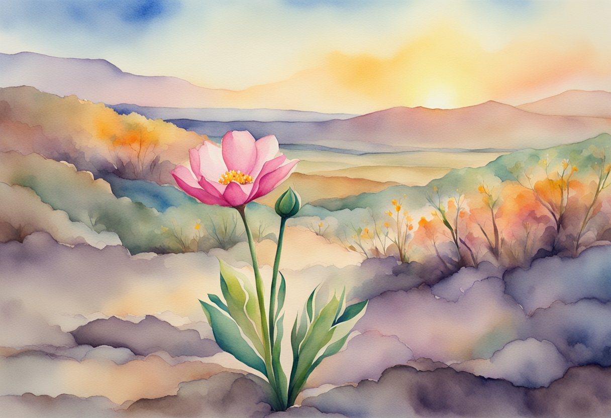 A digital watercolor of a flower in the desert