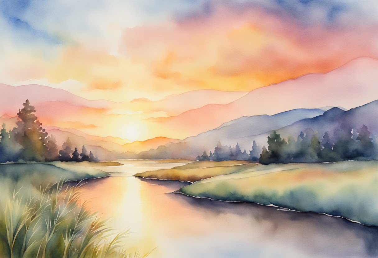 A digital watercolor of a sunset over a lake