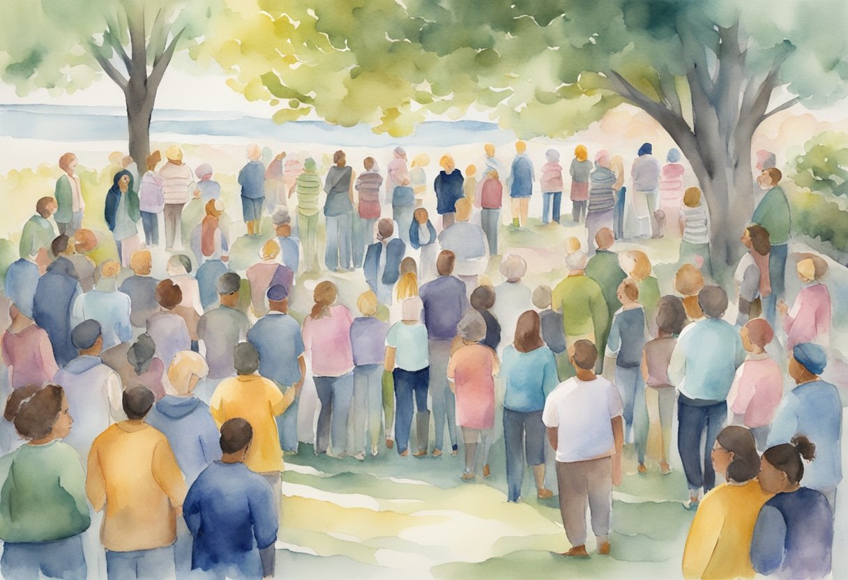 A digital watercolor of a gathering of people