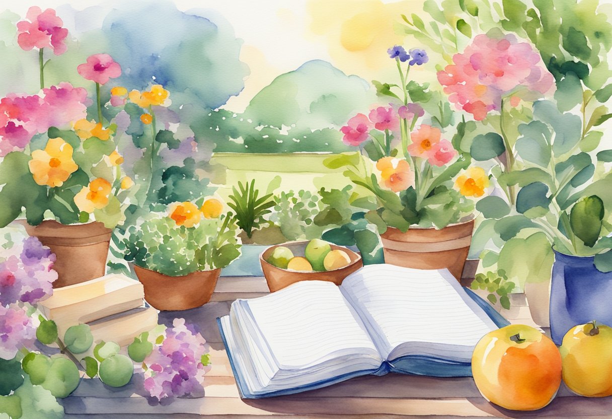 A digital watercolor of a table of flowers and fruit