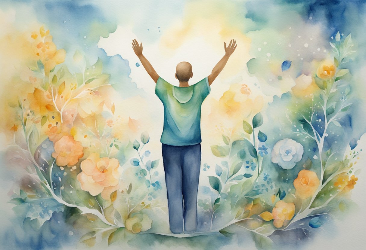A digital watercolor of a person with their hands raised among a floral arangment