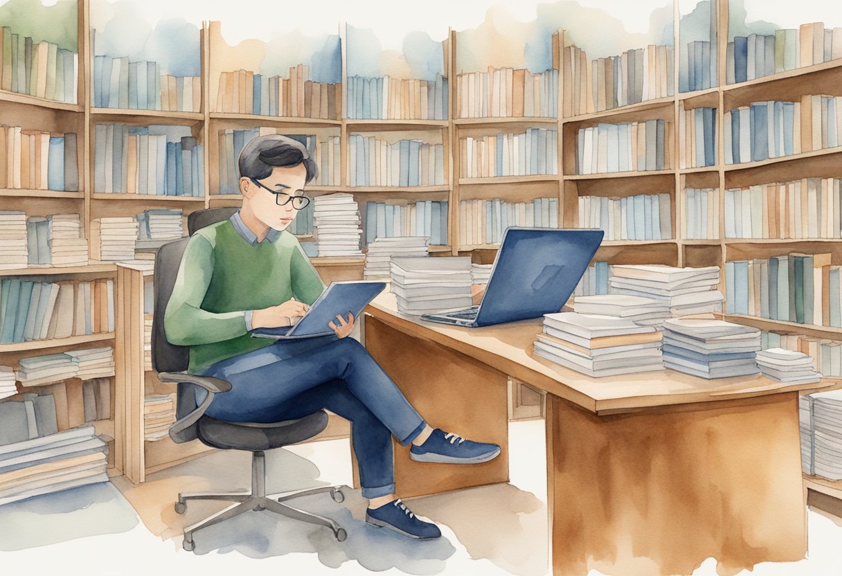 A digital watercolor of a man working on his computers in a library