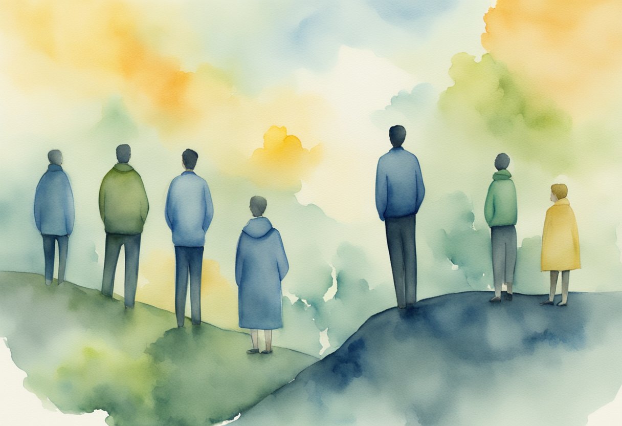 A digital watercolor of a group of people looking forward