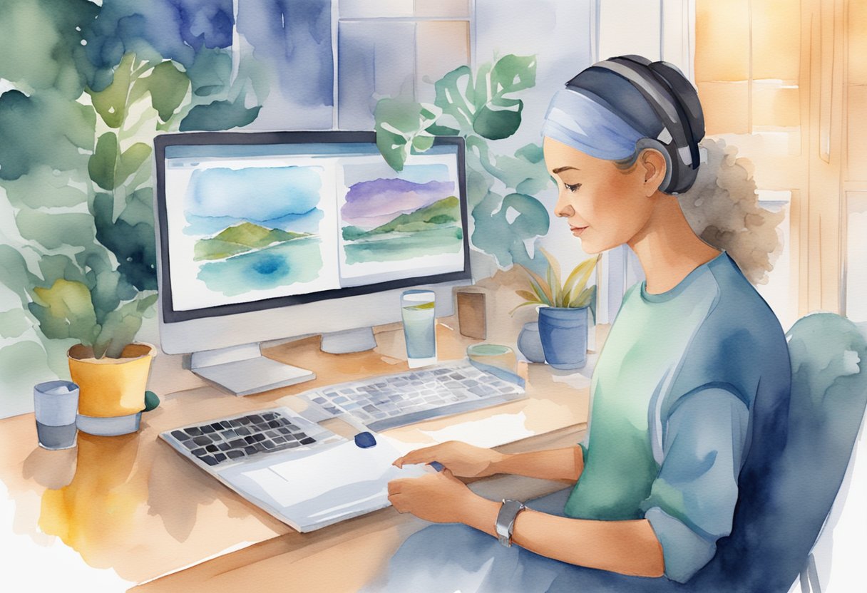A digital watercolor of a person working on the computer
