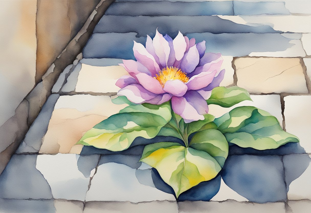 A digital watercolor of a flower growing out of the bricks of a walkway