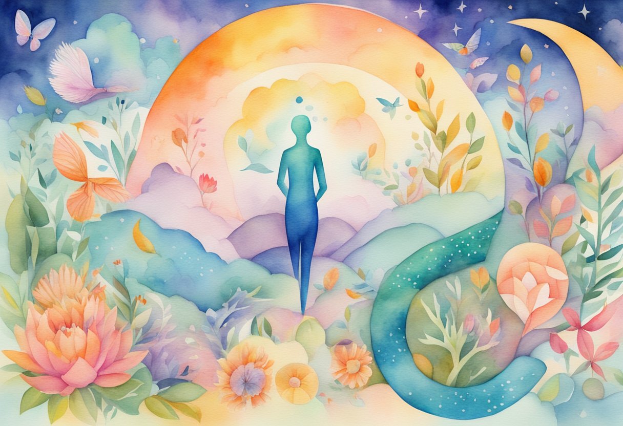 A digital watercolor of sun, silhouette, mountains and floral