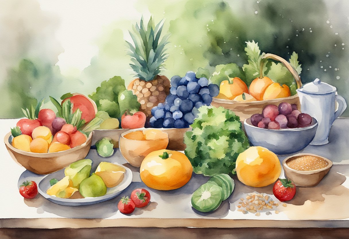 A digital watercolor of fruit and grains