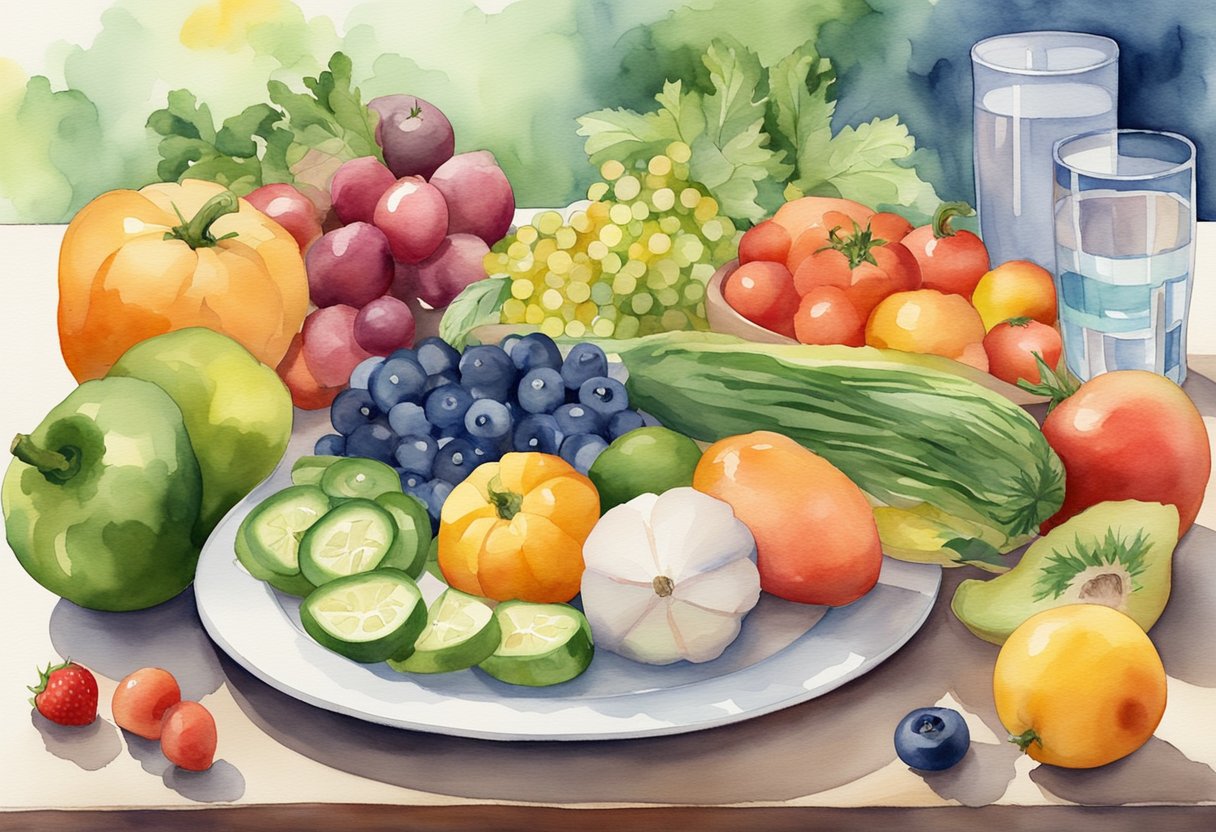 A digital watercolor of a fruit and vegi tray