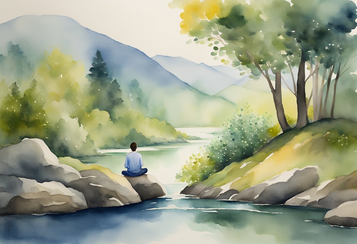 A digital watercolor of a man sitting on a rock