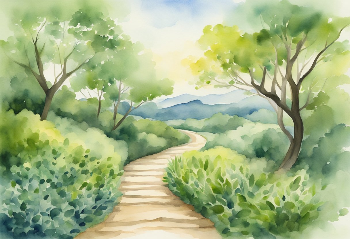 A digital watercolor of a train through a lush meadow