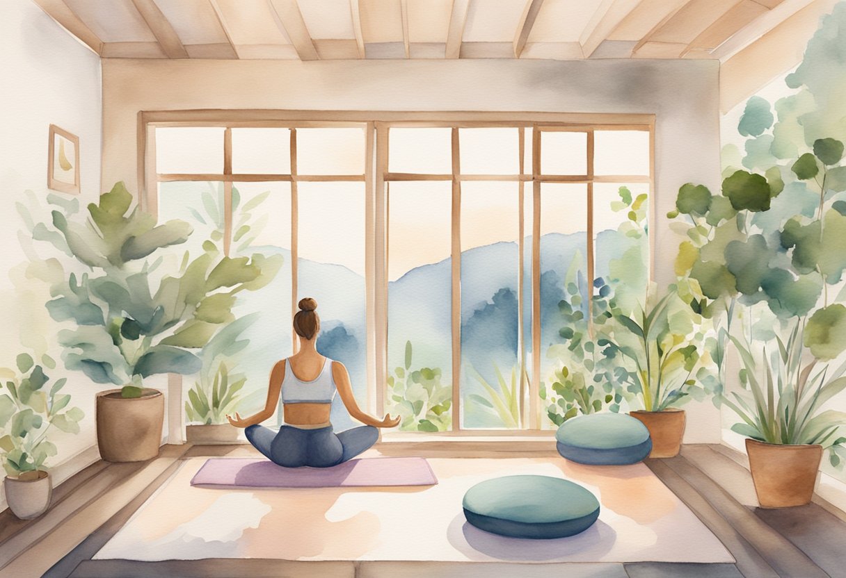 A digital watercolor of a woman meditating in a sun room