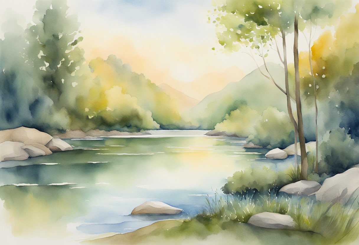 A digital watercolor of a lake landscape