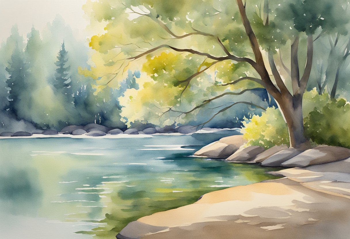 A digital watercolor of a tree over water