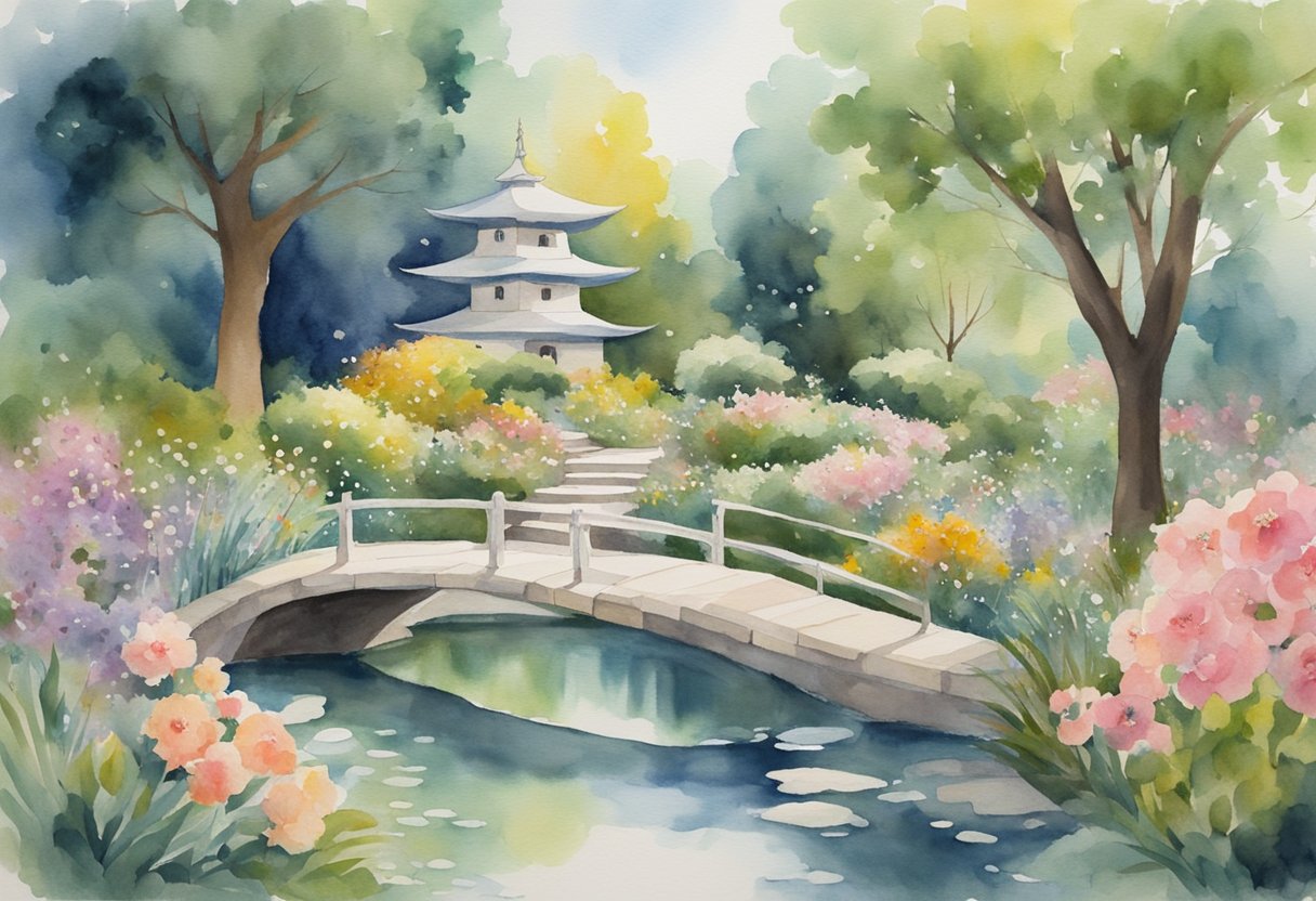 A digital watercolor of a japanese garden