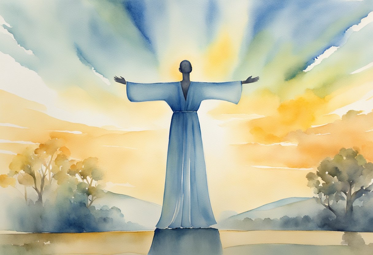 A figure standing tall, arms open wide, facing the sun. A sense of strength and courage emanates from the posture