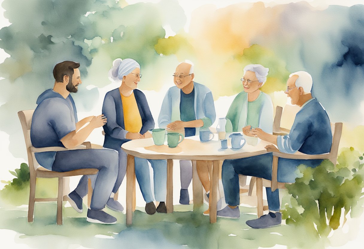 A group of people engage in meaningful conversations while undergoing cancer treatments, symbolizing resilience and connection