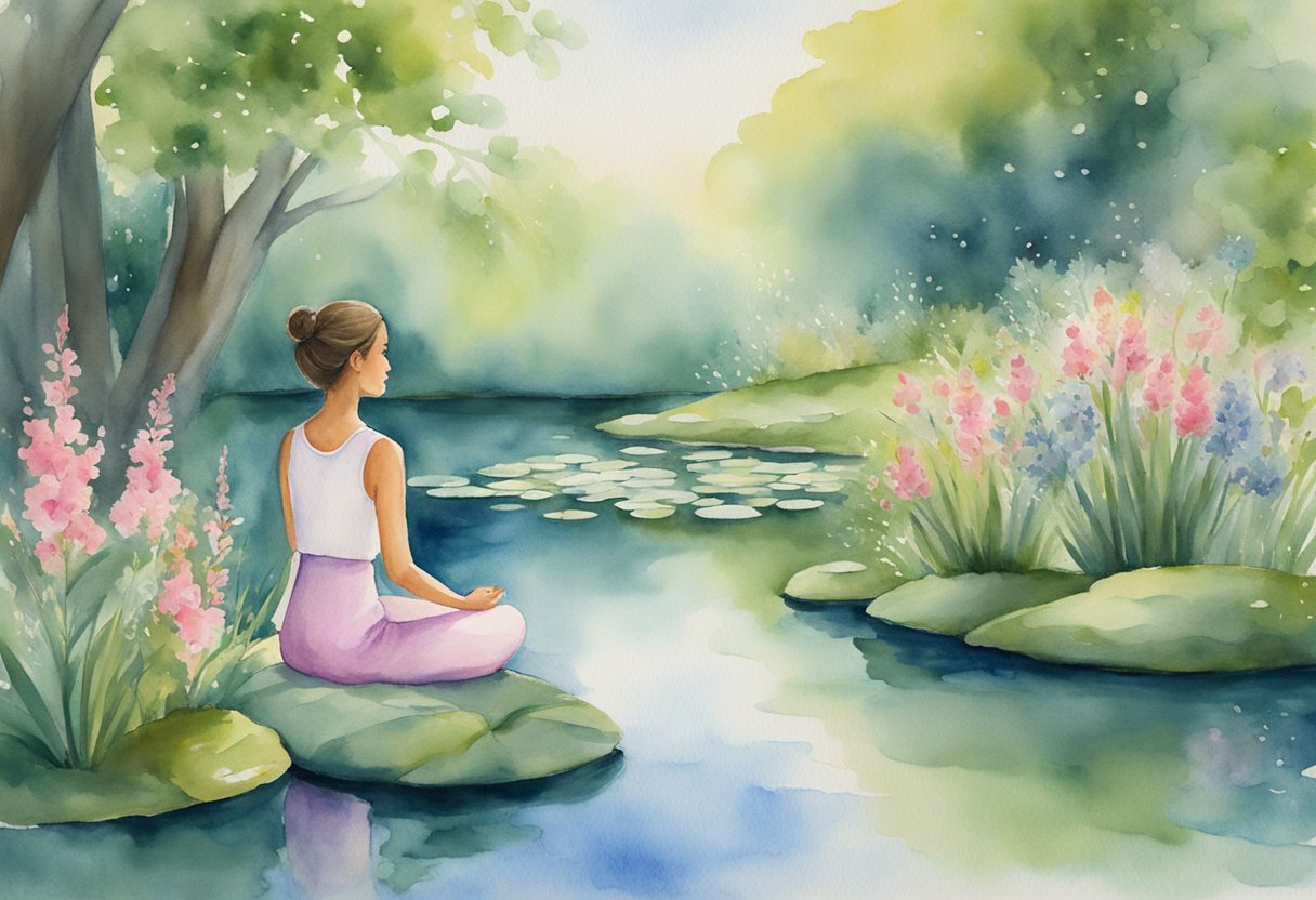 A serene figure meditates beside a tranquil pond, surrounded by lush greenery and blooming flowers, symbolizing spirituality, reflection, and meaningful connections for a cancer thriver