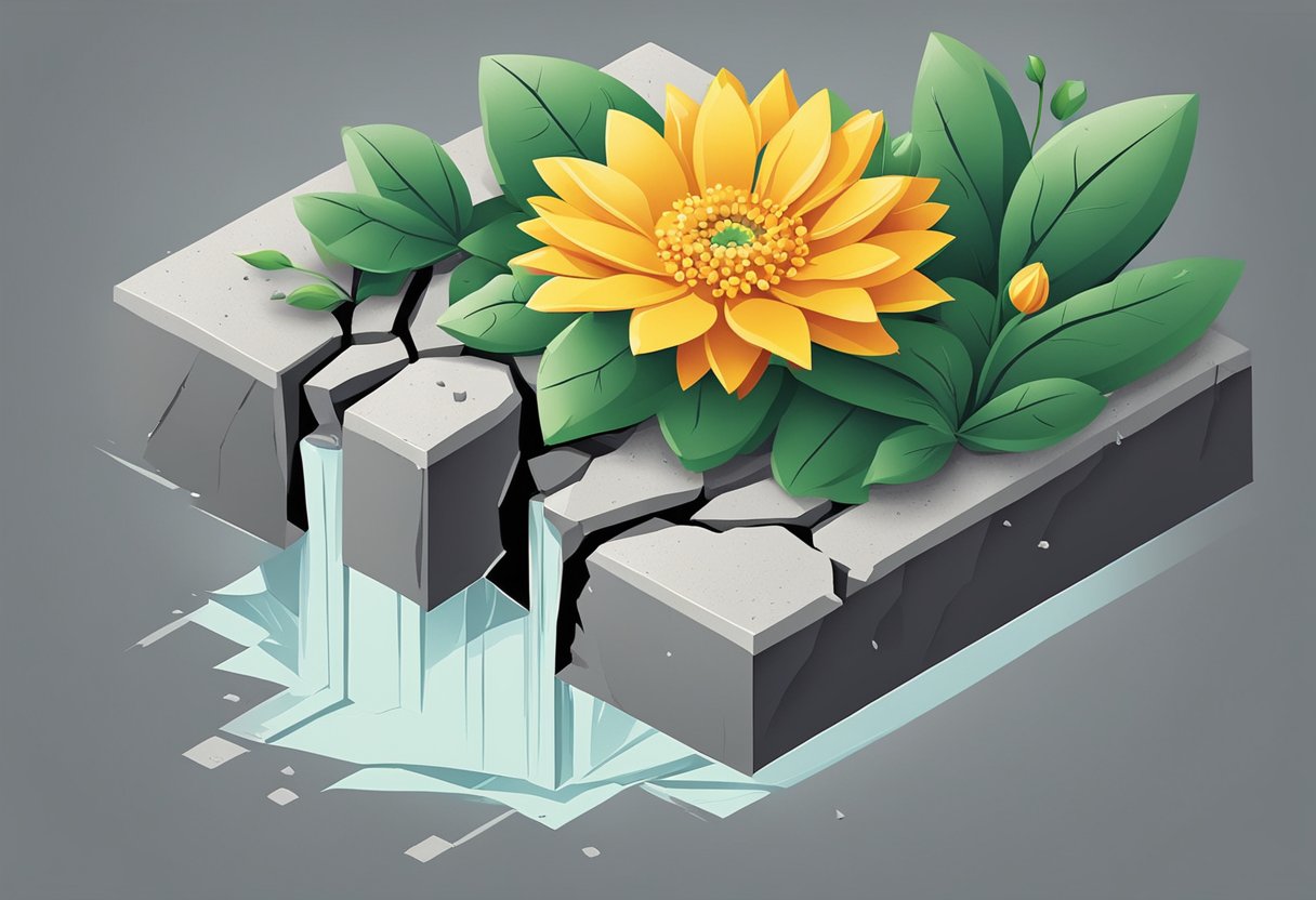 A blooming flower bursting through a crack in concrete, symbolizing resilience and transformation