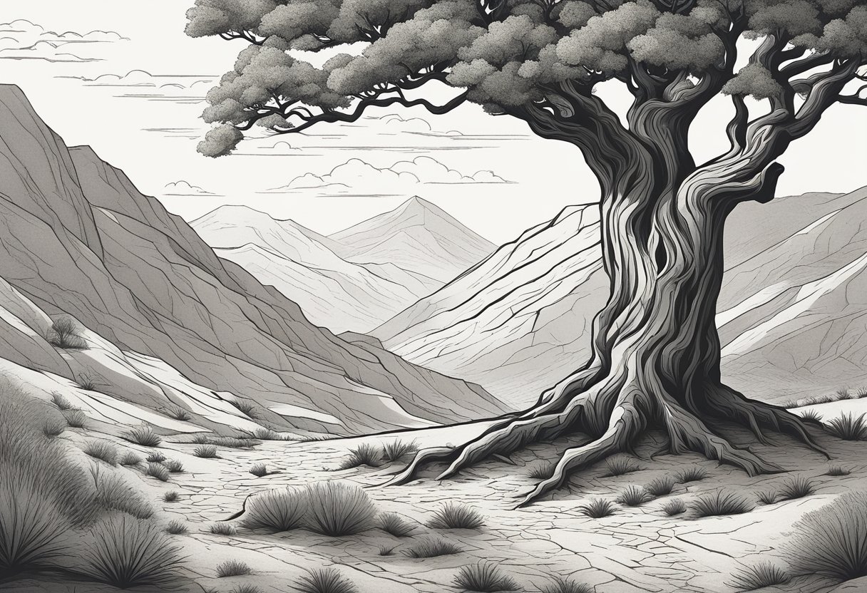 A lone tree stands tall amidst a barren landscape, its branches reaching out defiantly against the harsh elements. The tree's trunk bears the scars of past struggles, yet it continues to grow and thrive, symbolizing resilience and strength in the face of adversity