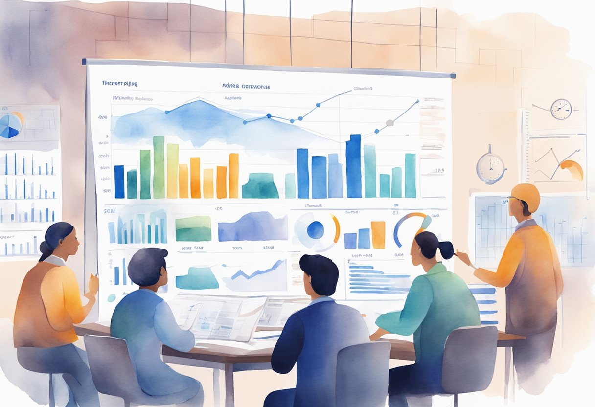 a digital watercolor of a meeting with multiple charts