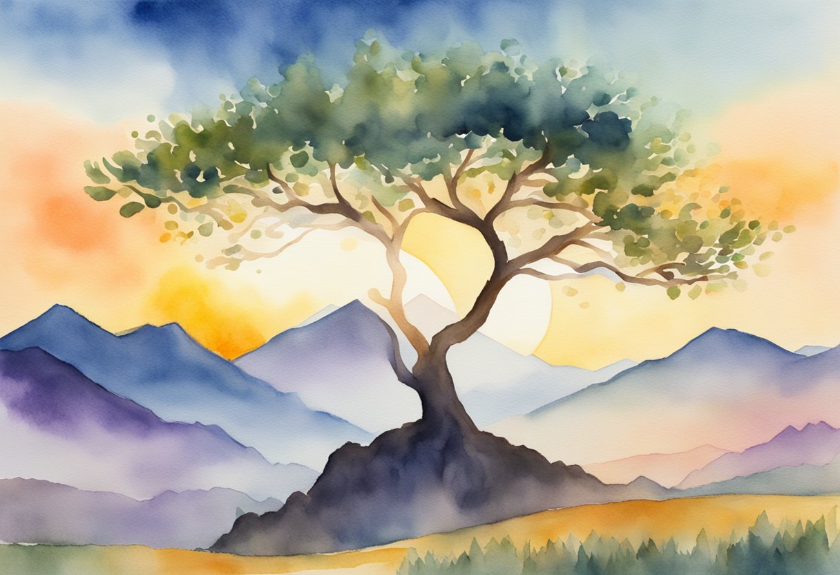 A vibrant sun rising over a mountain range, with a single tree in the foreground, symbolizing strength and growth
