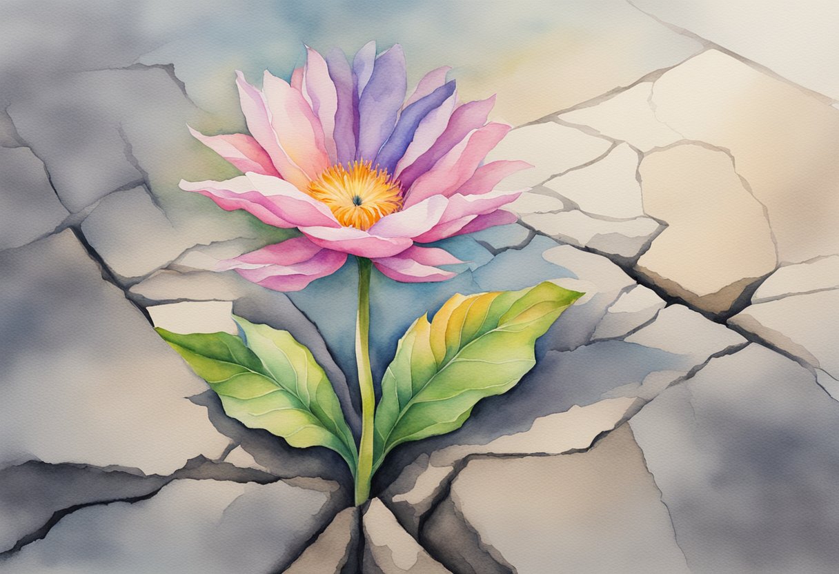 A vibrant flower emerging from a cracked sidewalk, symbolizing resilience and growth